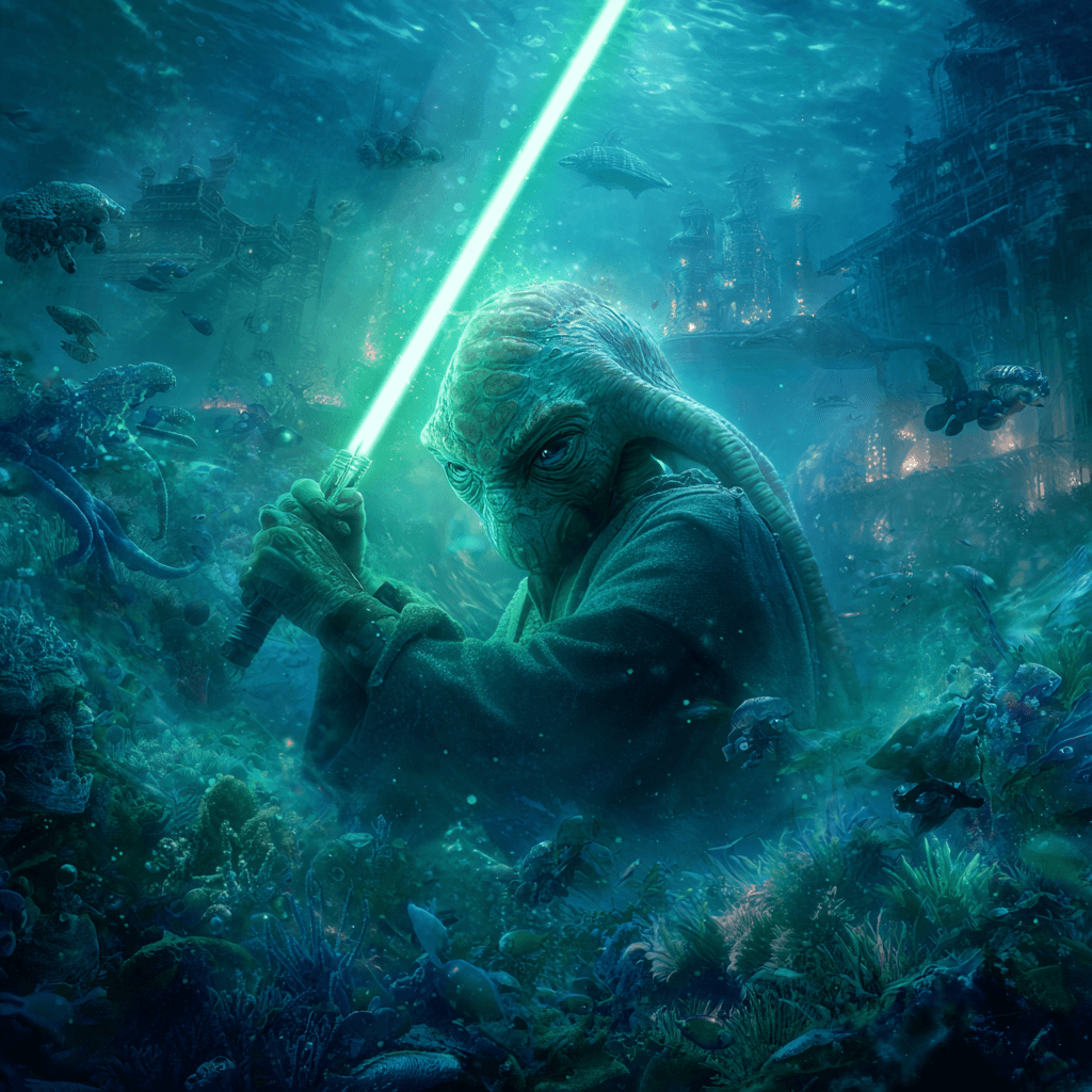 Kit Fisto wielding a green lightsaber underwater, surrounded by marine life and an ancient cityscape.
