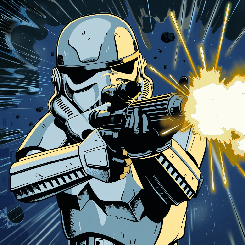 Stormtrooper firing a lightsaber rifle in a sci-fi battle scene with explosive effects.