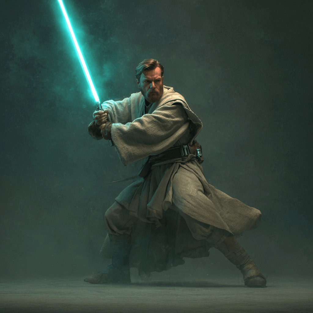 Obi-Wan Kenobi wielding a teal lightsaber, showcasing Jedi mastery and diplomacy in a dramatic pose.