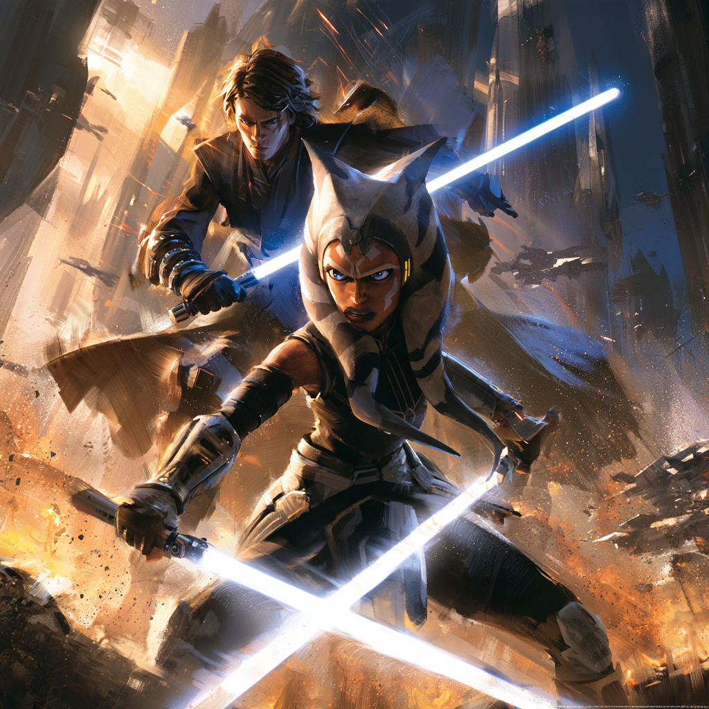 Illustration of Ahsoka Tano and Anakin Skywalker wielding lightsabers amid a battle.