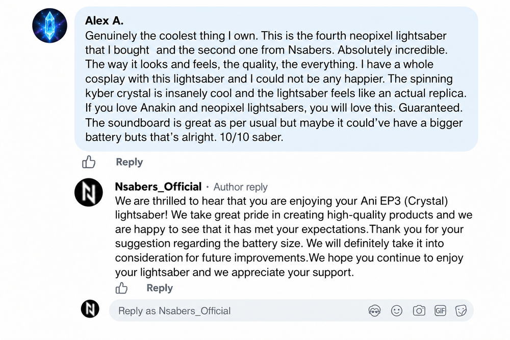 Alex A. customer review with original NSABERS reply, recreated comment layout