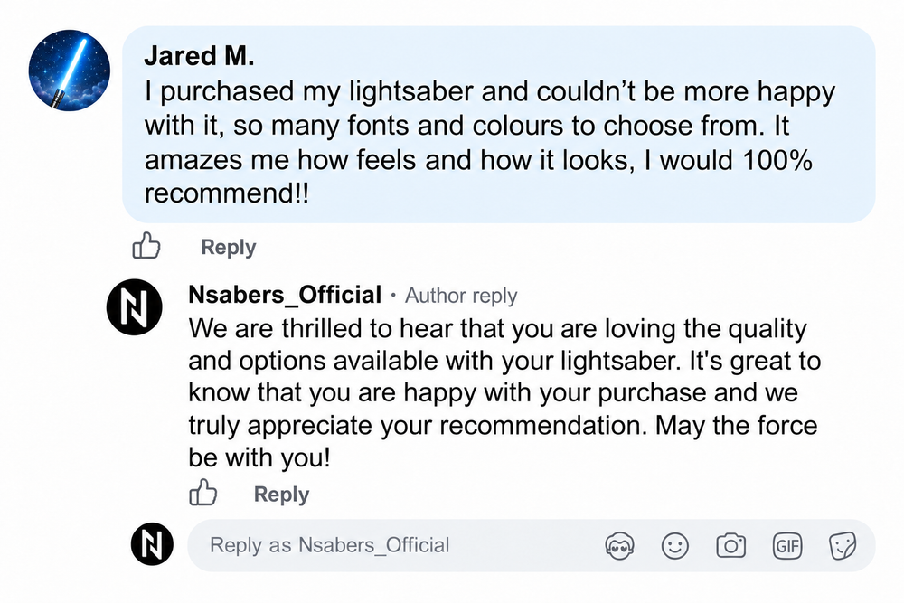 Jared M. customer review with original NSABERS reply, recreated comment layout