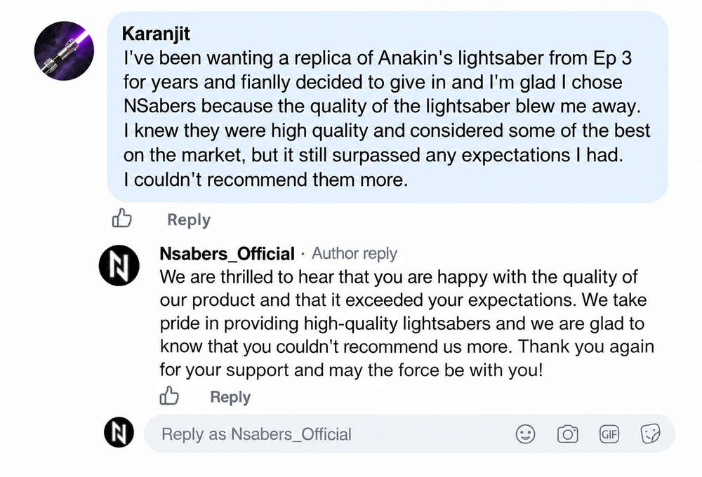 Karanjit customer review with original NSABERS reply, recreated comment layout