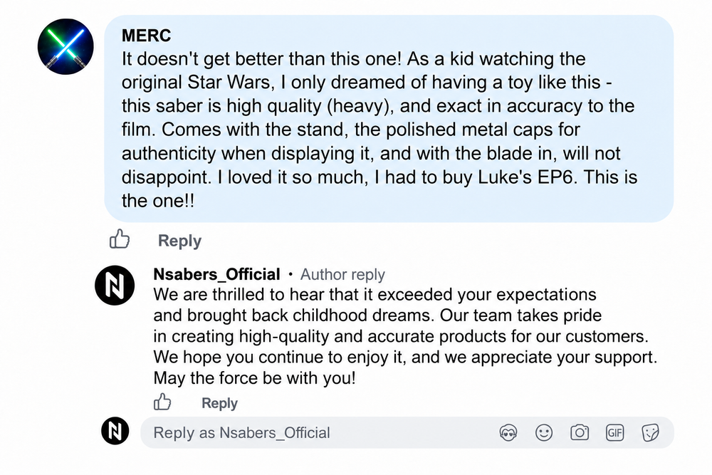 MERC customer review with original NSABERS reply, recreated comment layout