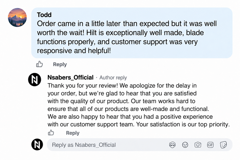 Todd customer review with original NSABERS reply, recreated comment layout