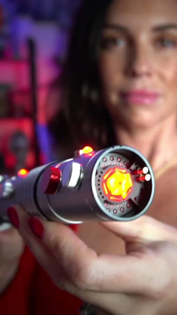 Finding The Force showing the illuminated Maul emitter and silver machining close to the camera