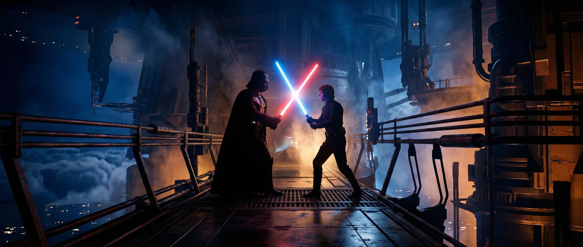 Two lightsaber duelists crossing blue and red blades on an industrial bridge